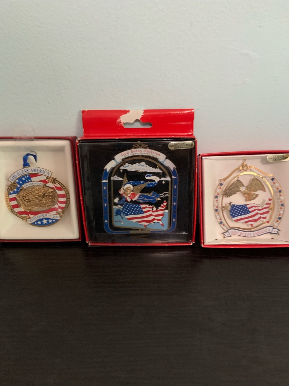 Enameled Brass Patriotic Ornaments Bundle of 3